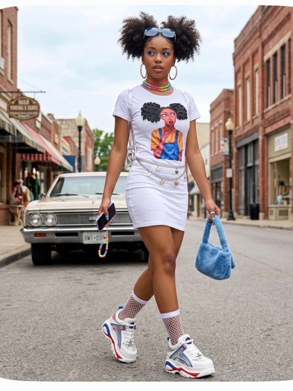 Buzz.  White and Blue Bodycon Mini Dress with Crew Neck